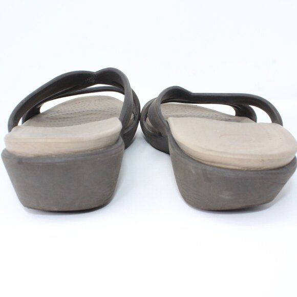 Crocs Women's 9M Dark Brown Beige Slip On Criss Cross Strap Wedge Rhonda Sandals - Picture 4 of 8